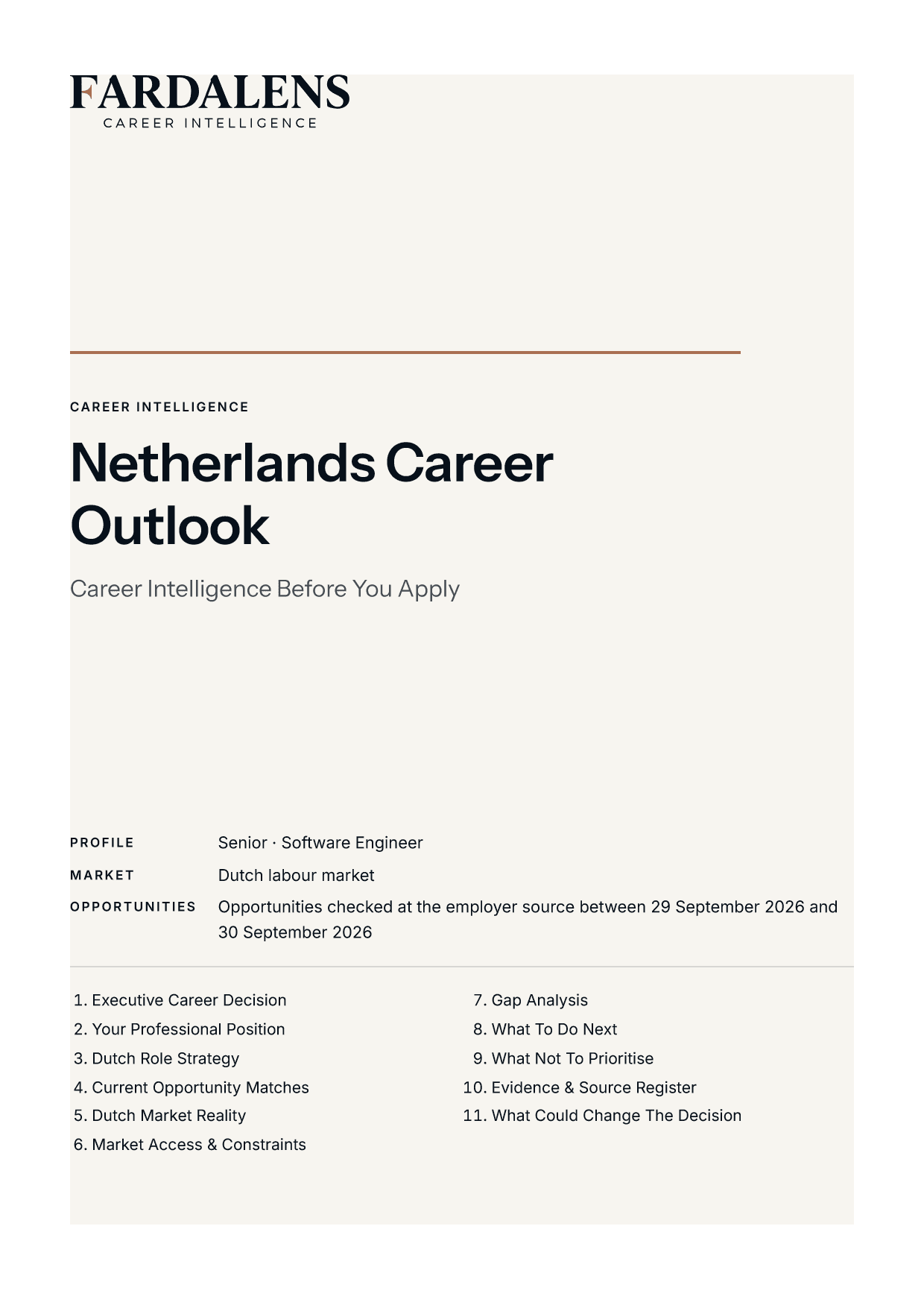 Cover page of the synthetic sample Netherlands Career Outlook, listing its 11 sections.
